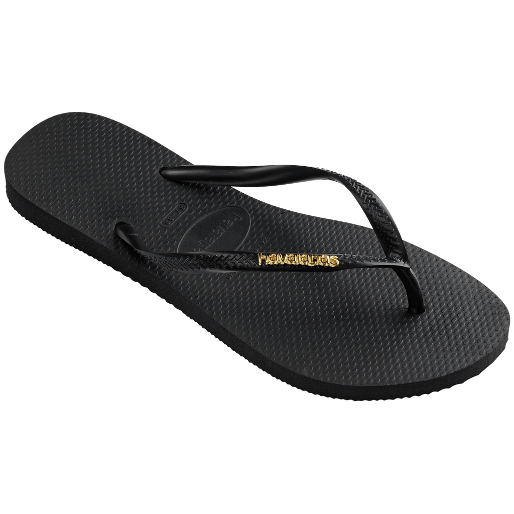 Women's Slim Logo Metallic Flip Flops - Black/Golden