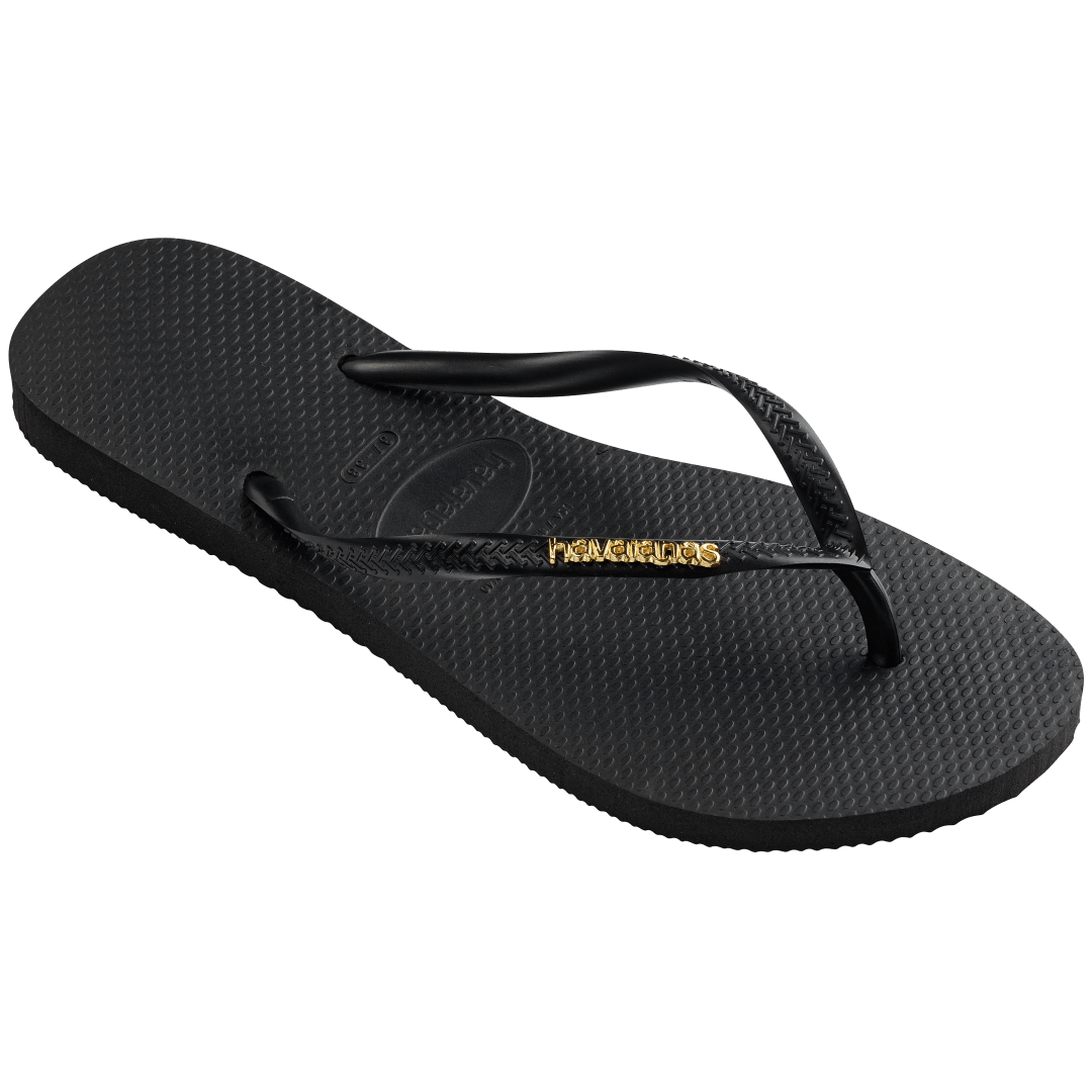 Women's Slim Logo Metallic Flip Flops - Black/Golden