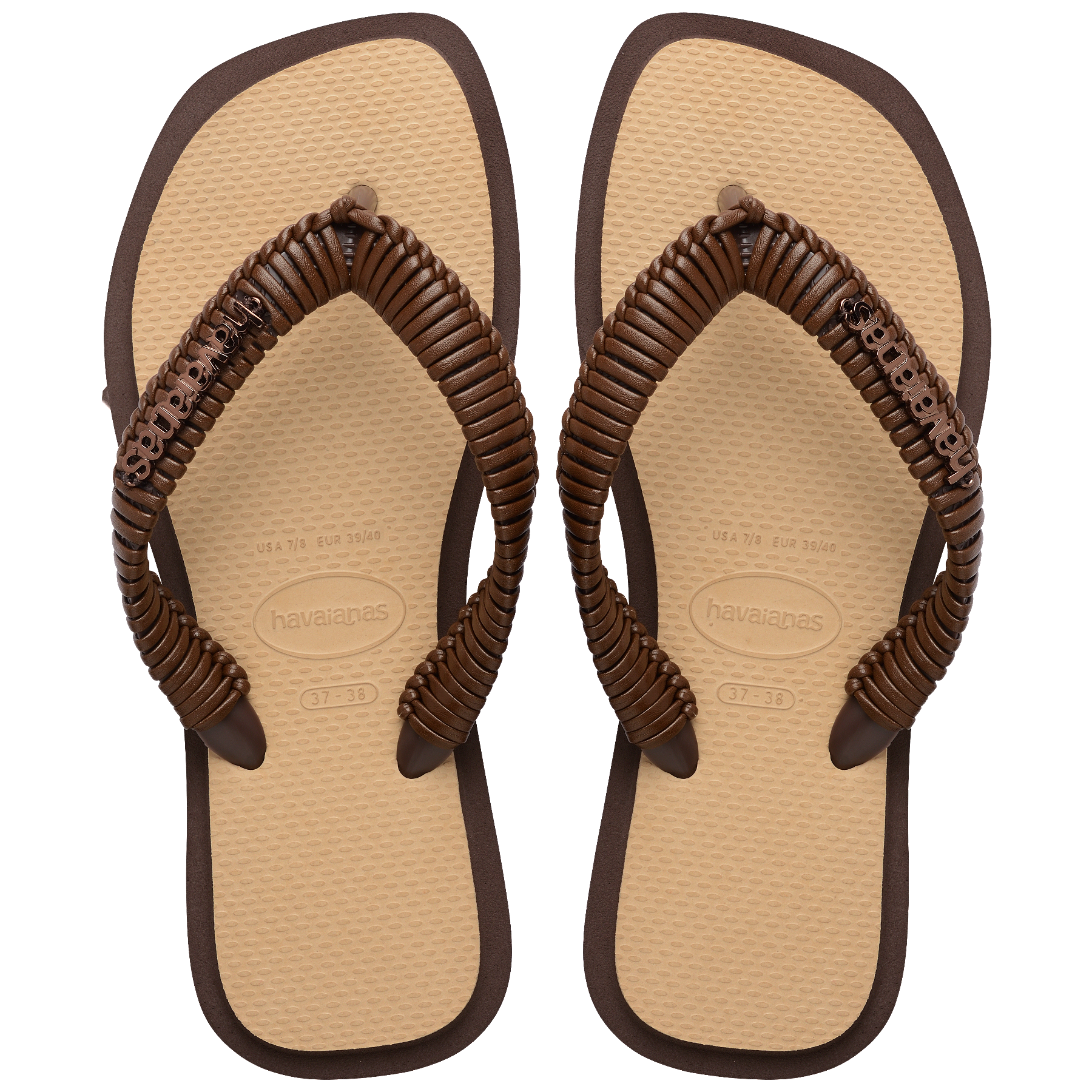 Women's Top Square Fusion Boho Flip Flops - Dark Brown/Golden