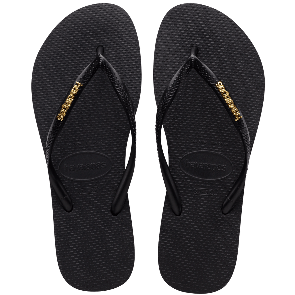 Women's Slim Logo Metallic Flip Flops - Black/Golden