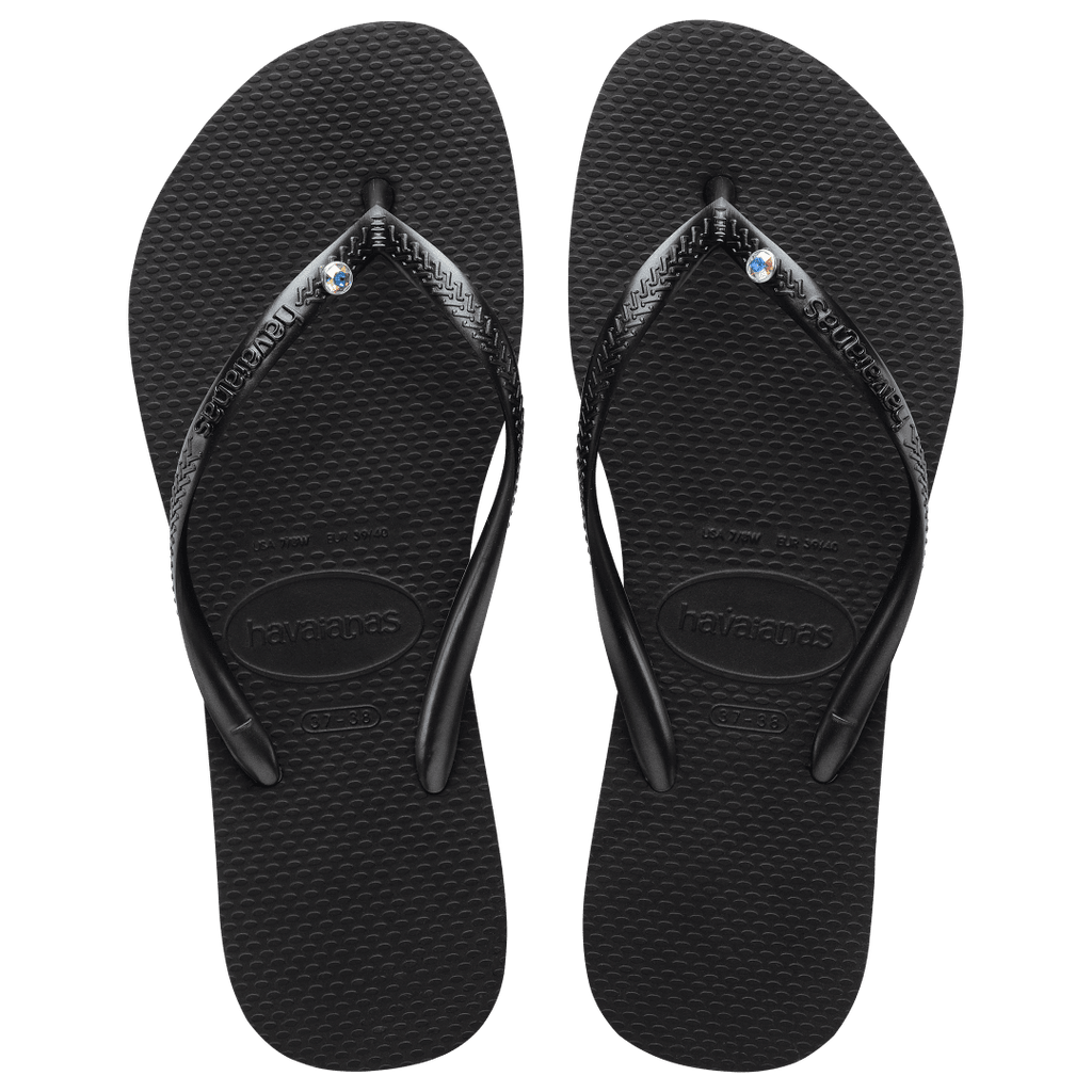 Women's Slim Crystal Flip Flops - Black