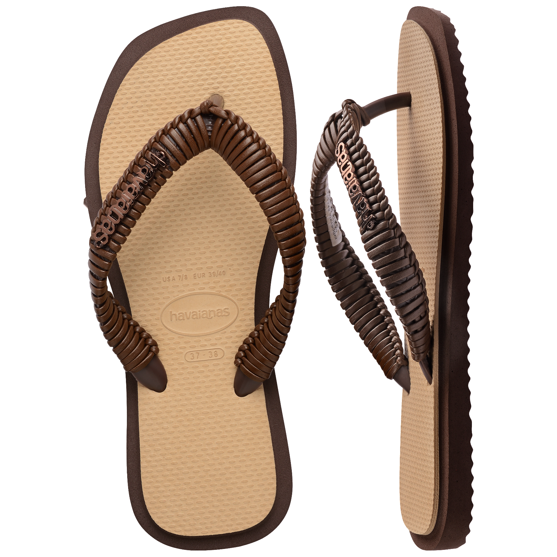 Women's Top Square Fusion Boho Flip Flops - Dark Brown/Golden